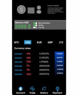 Modern tranding platform. App on your smartphone with stock market graph UI, UX, exchange rates and bitcoin growth. Forex market, binary stock, trading chart