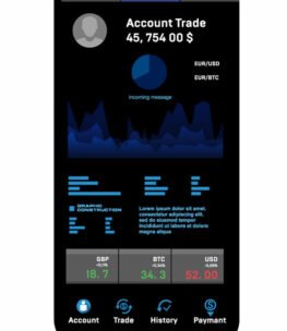 Modern tranding platform. App on your smartphone with stock market graph UI, UX, exchange rates and bitcoin growth. Forex market, binary stock, trading chart